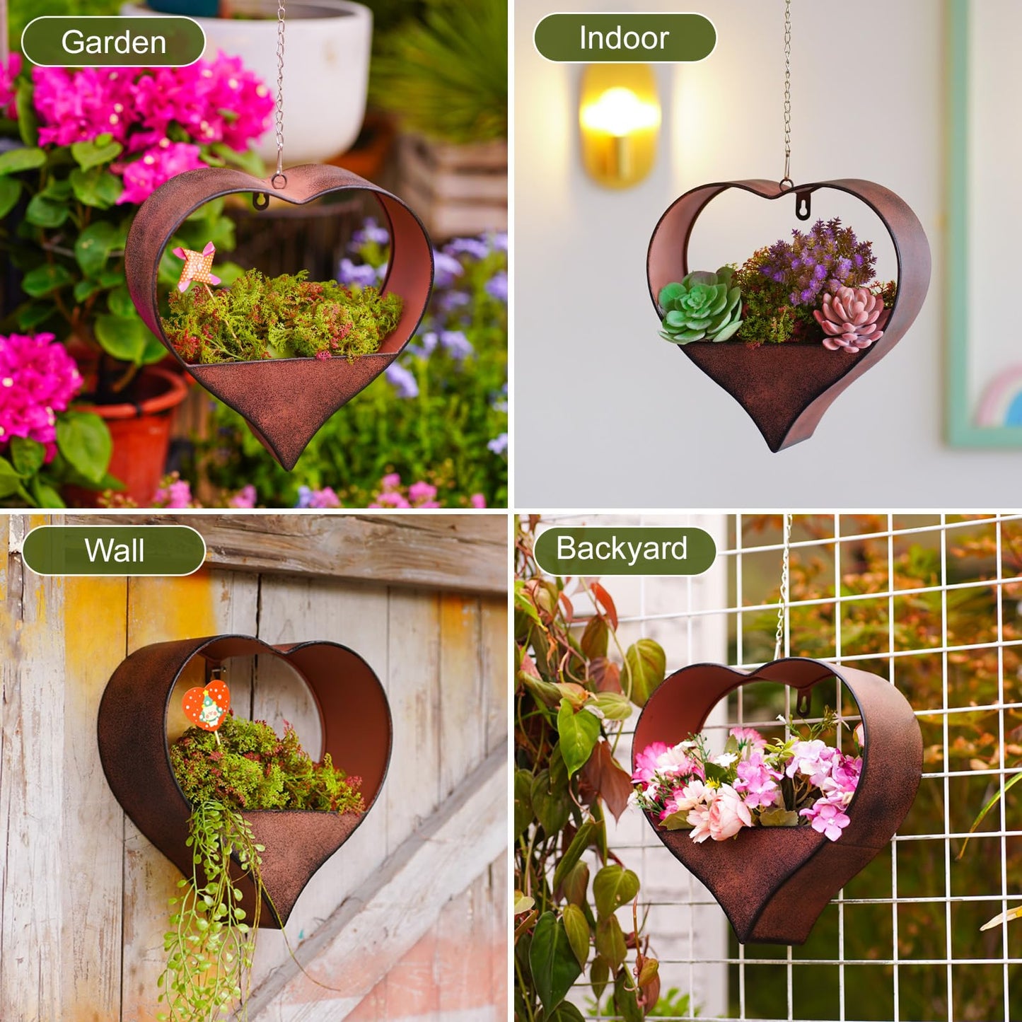 Philodwell Metal Plant Hangers Indoor and Outdoor: Birthday Gifts for Women Mom Wife Father Garden Lovers - Rustic Heart Shape Hanging Planters Perfect for Window Wall Living Room Office Decor