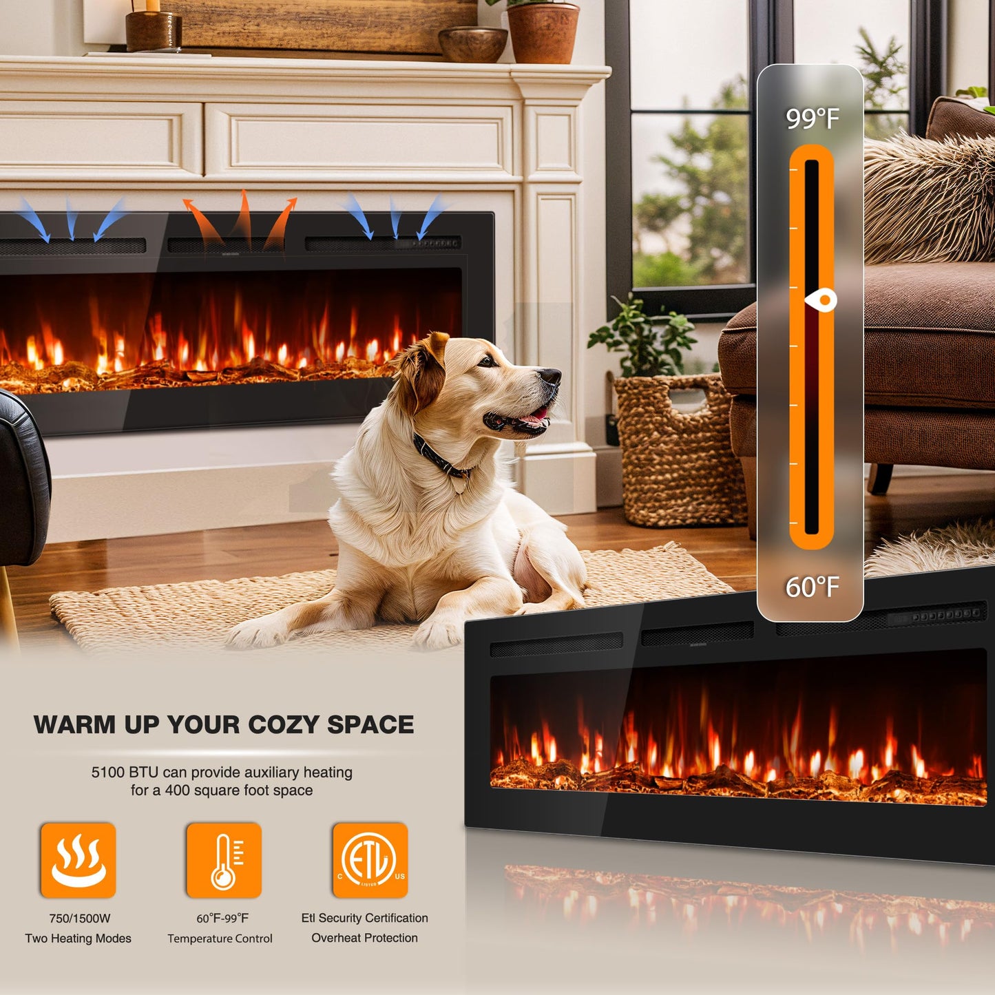 Manastin 60 inch Electric Fireplace in-Wall Recessed 2026 Upgrade Wall Mounted Fireplace with Remote Control, 1500/750W Fireplace Heater with 12 Adjustable Color, Timer, Log and Crystal