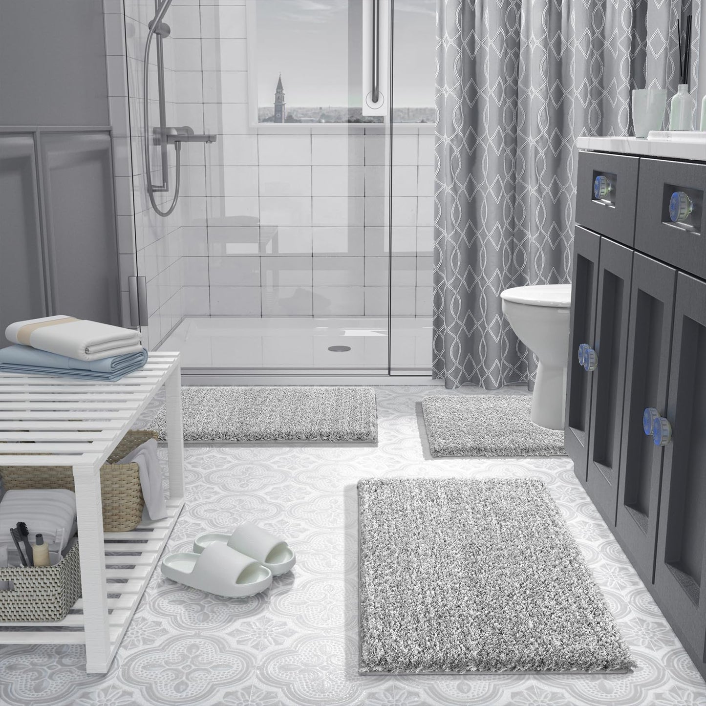 Yimobra Bathroom Rugs Non Slip Washable 36x24, Ultra Soft and Water Absorbent Bath Mats, Plush Fluffy Shower Mat Outside, Luxury Microfiber Thick Matts for Bathroom Floor/Tub, Light Gray and White