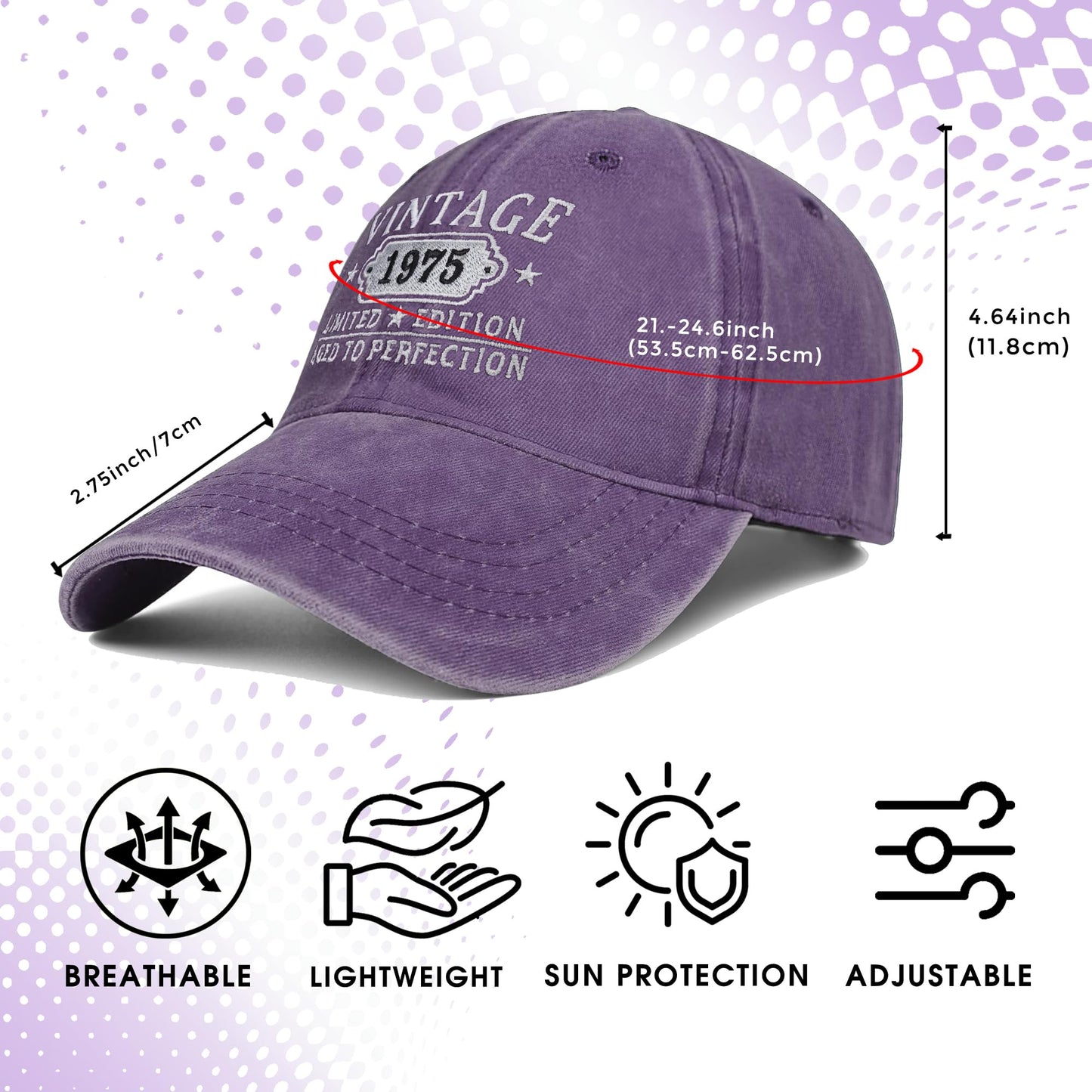 50th Birthday Gifts for Her Him Vintage 1975 Embroidered Black Baseball Cap Women Men (Purple)