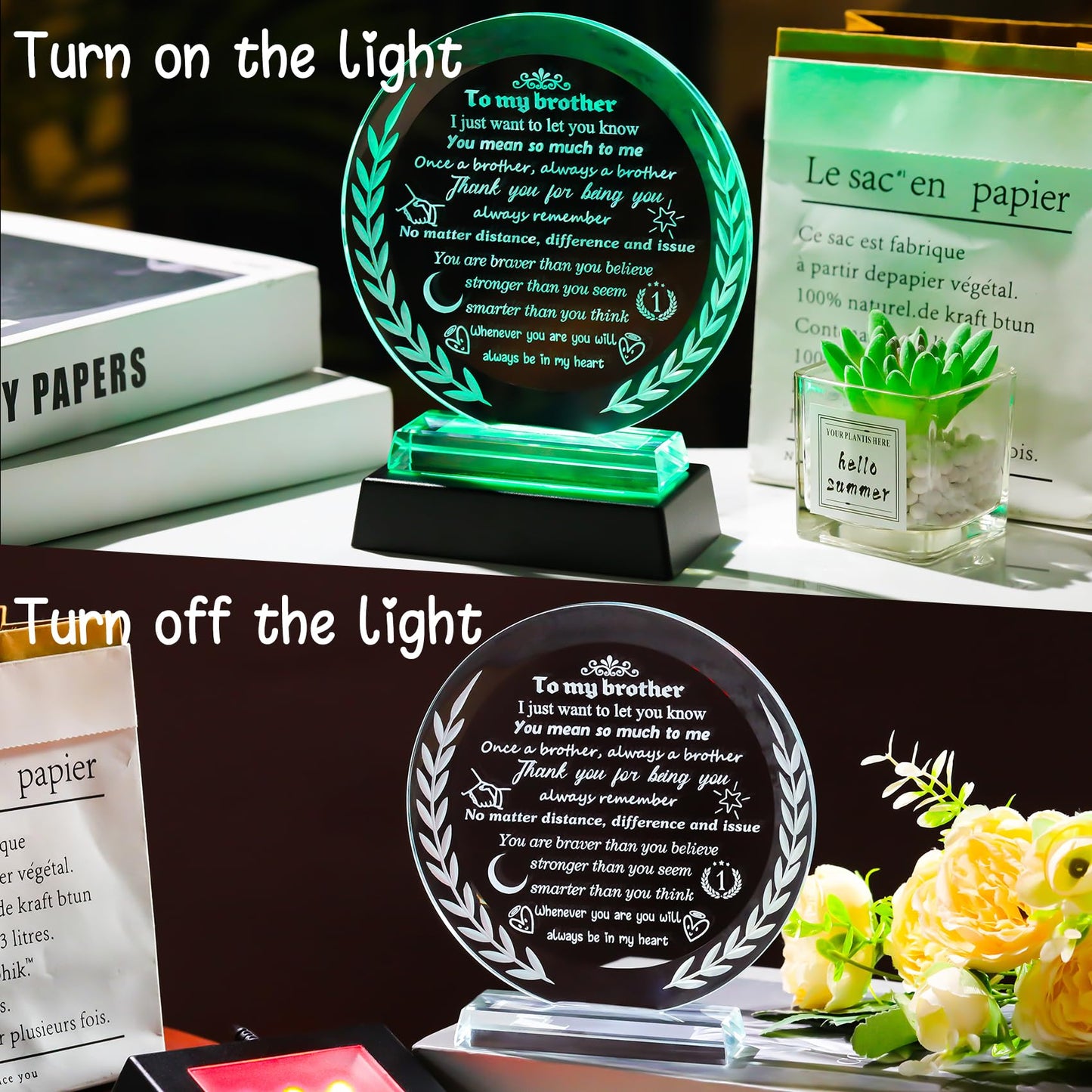 Cool Birthday Gifts for Brother Crystal Keepsake Presents with LED Light Base for Table Home Decor Adult Brother's Graduation Wedding Christmas Gifts from Sisters Brothers