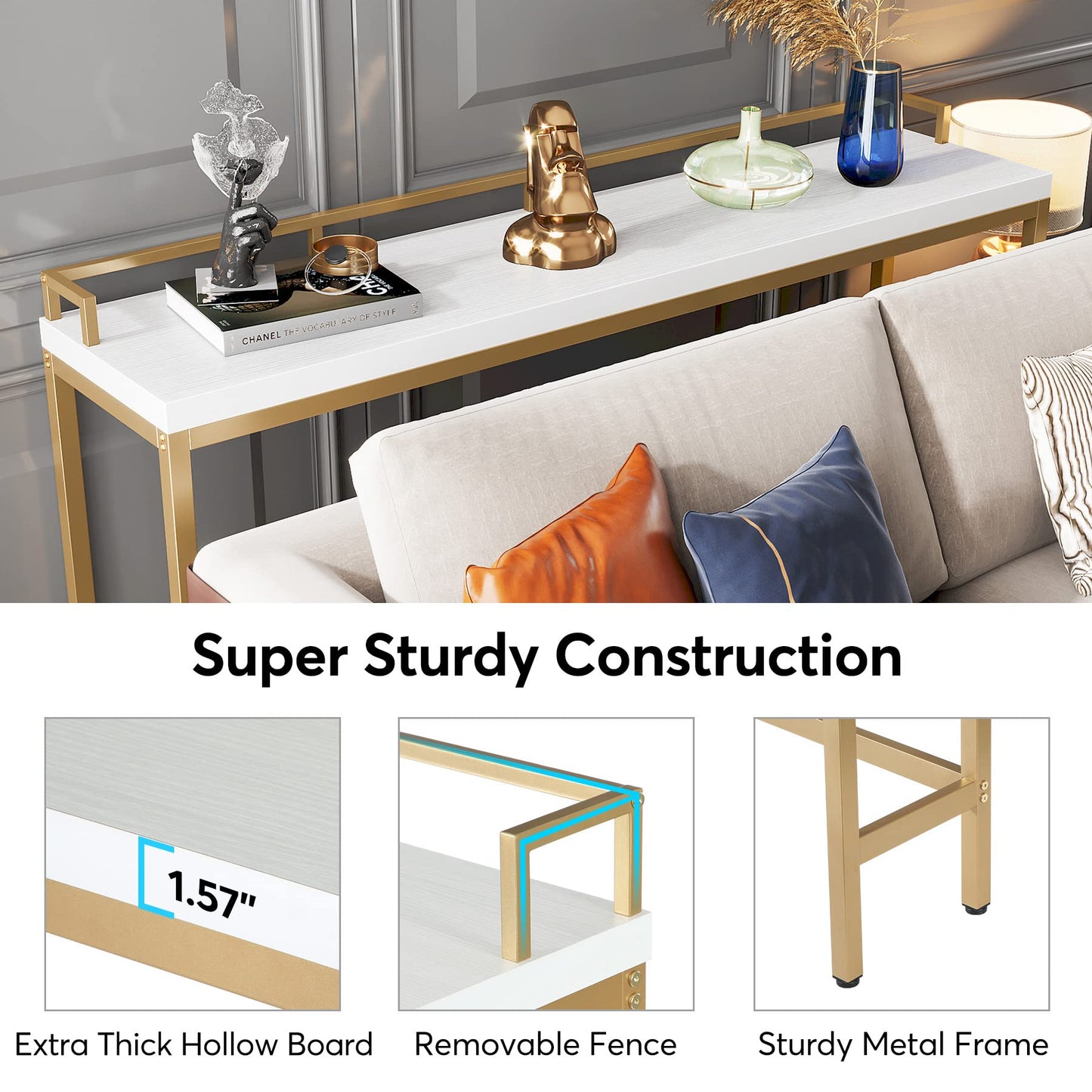 Tribesigns 70.9 inch Extra Long Sofa Table, Narrow Console Table Behind Couch, Modern Entryway Table Skinny Hallway Table for Living Room (White+Gold)