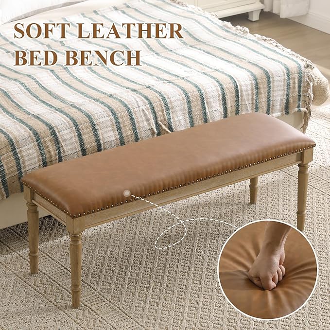 DM Furniture 46'' French Country Entryway Bench Wooden Faux Leather Upholstered Seat Dinng Bench with Nailhead Trim for Hallway End of Bed, Brown