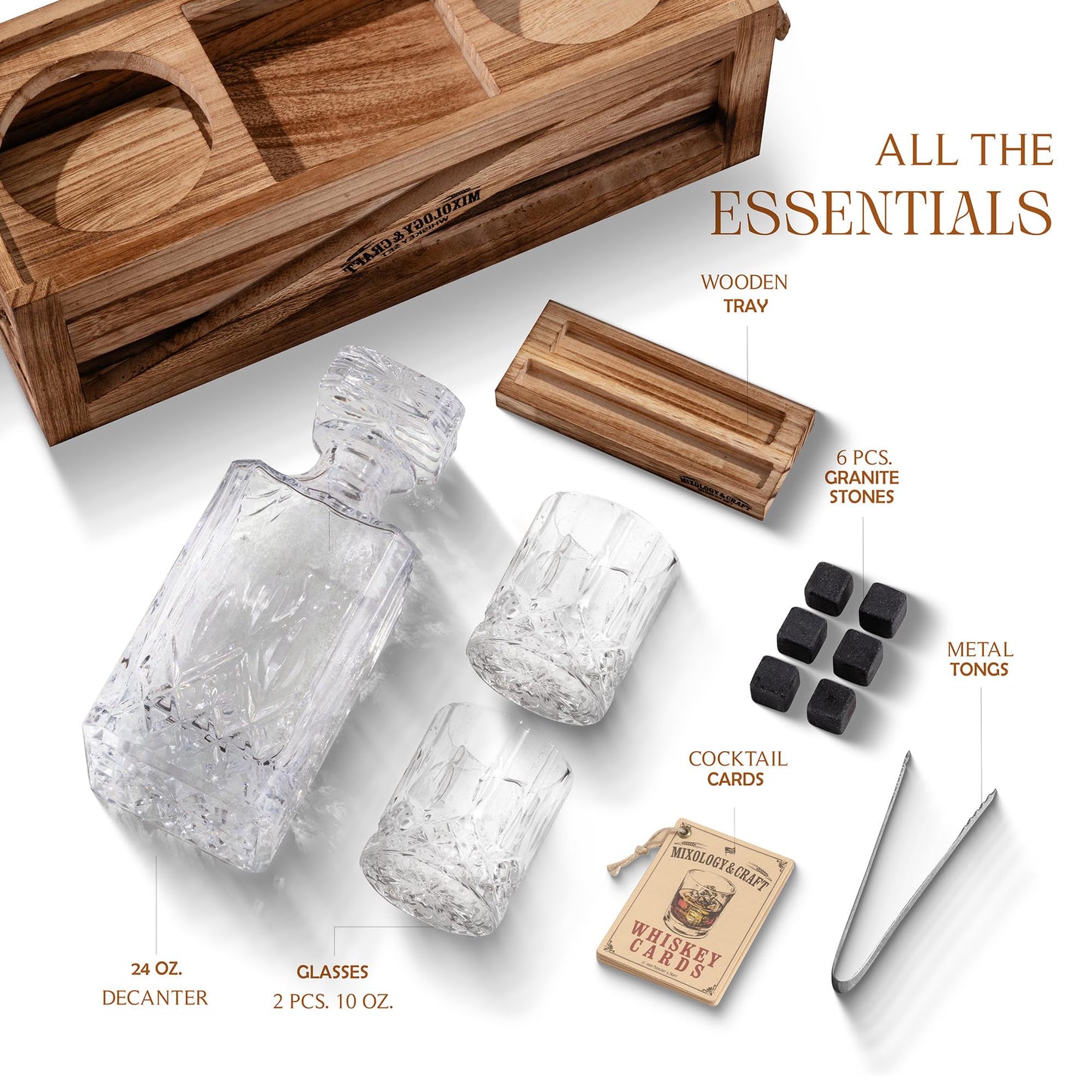 MIXOLOGY & CRAFT Whiskey Decanter Gift Set – 10oz Crystal Whiskey Glasses, Wood Stand & 6 Granite Whiskey Stones – Premium Rocks Glasses Barware Gift for Any Occasion
