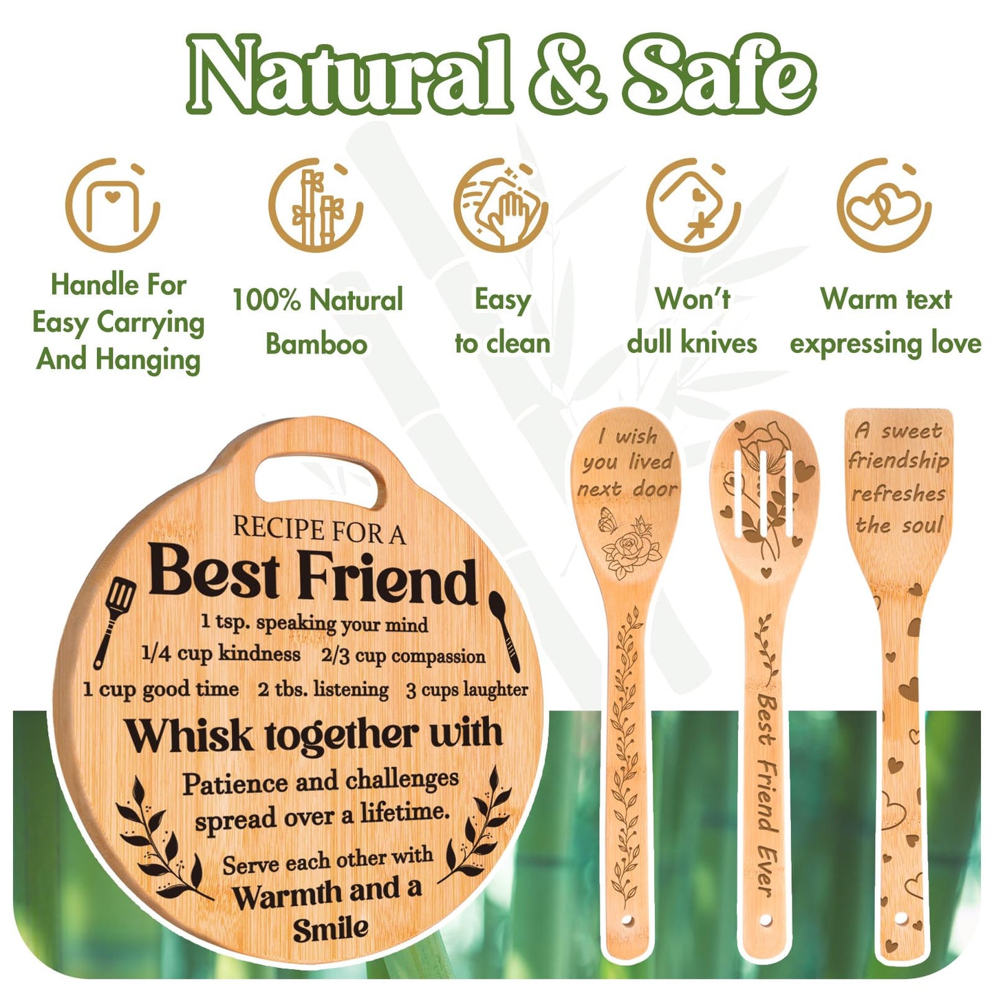 Best Friend Birthday Gifts for Women - Engraved Bamboo Cutting Board Set, Unique Gifts for Best Friend Women, Mothers Day Christmas Birthday Gifts for Friends Bestie Bff