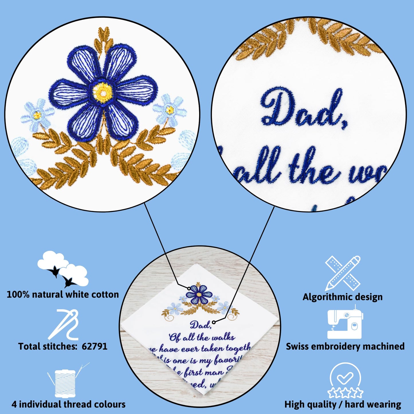 Dad Wedding Embroidered Handkerchief, Father of the Bride Gifts for Daughter on Wedding Day, Something New Something Blue Gift for Bride on Weddings Day Essentials