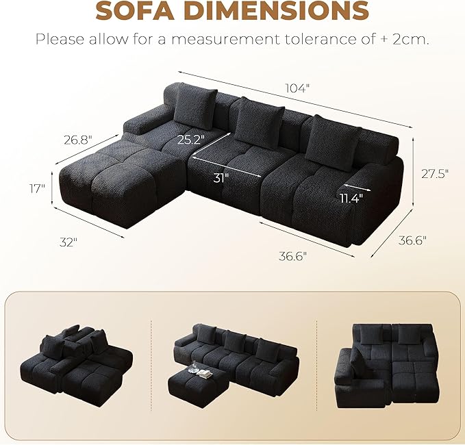 104" Modern L Shaped Modular Sectional Sofa, 4 Seater Convertible Chenille Cloud Couch Sofa Set, Boneless Couches for Living Room with Ottoman, No Assembly Required, Black