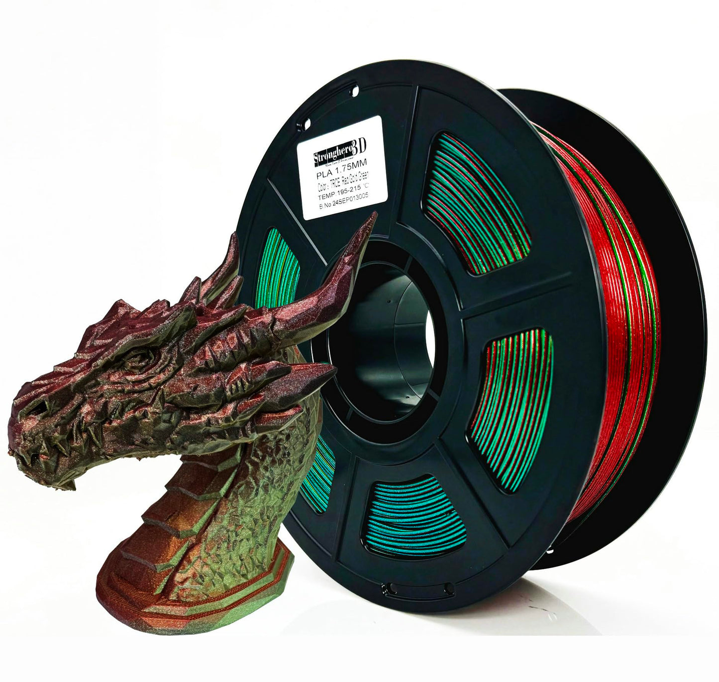 Stronghero3D PLA 3D Printer Filament,Tri-Color Co Extrusion,Red-Gold-Green,Galaxy Glitter Red Silk Gold Silk Green,Diameter 1.75