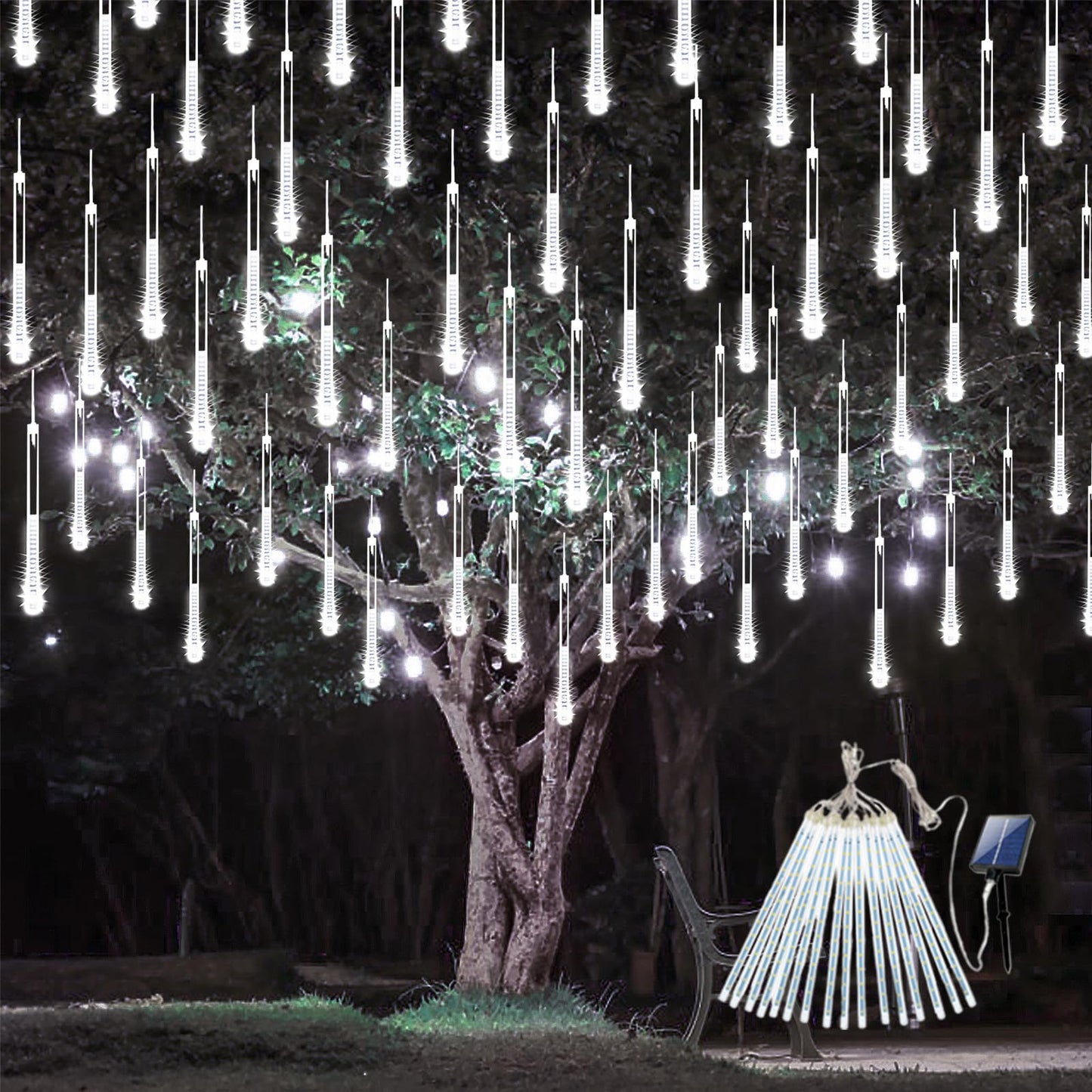 Solar Meteor Shower Lights,Solar Christmas Lights Outdoor Waterproof,16 Tubes 384 LEDs (Equivalent to 2 Sets of 8-Tube) Icicle String Light,LED Rain Drop Light for Tree Garden Decoration (Cool White)
