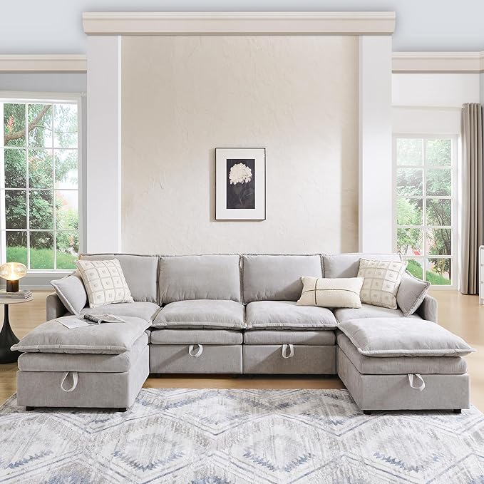 112.6" Sectional Couches for Living Room, Cloud Couch Sectional with Large Storage, U-Shape Modular Sectional Sofa with Ottoman, 6 Seater Chenille Sofa with Pillow for Apartment, Bedroom, Light Gery