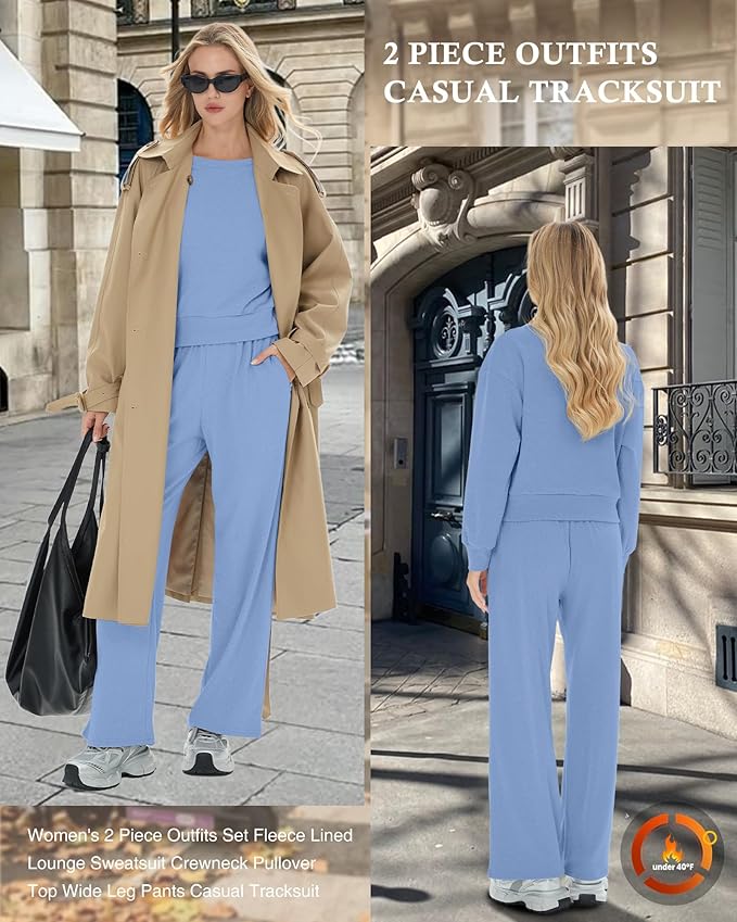 Sweetyweee Women's 2 Piece Outfits Set Fleece Lined Lounge Sweatsuit Crewneck Pullover Top Wide Leg Pants Casual Tracksuit