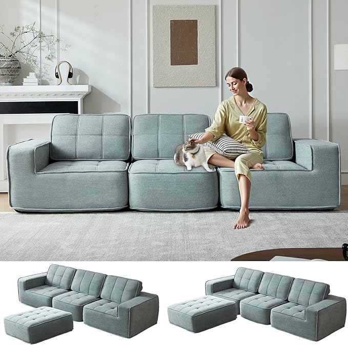 108" Boneless sectional Couch for Living Room,Convertible L-Shape Fleece Couches with Ottoman, Cloud Modular Sofa with Deep Seat for Bedroom, No Assembly, Grey
