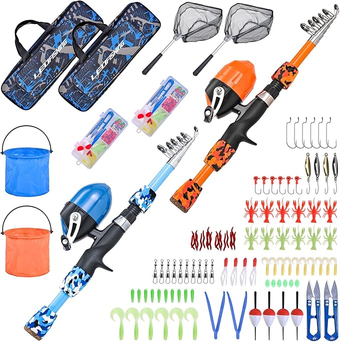 LEOFISHING 2 Set Kids Fishing Pole Set with Full Starter Kits Portable Telescopic Fishing Rod and Reel Cambos with All The...
