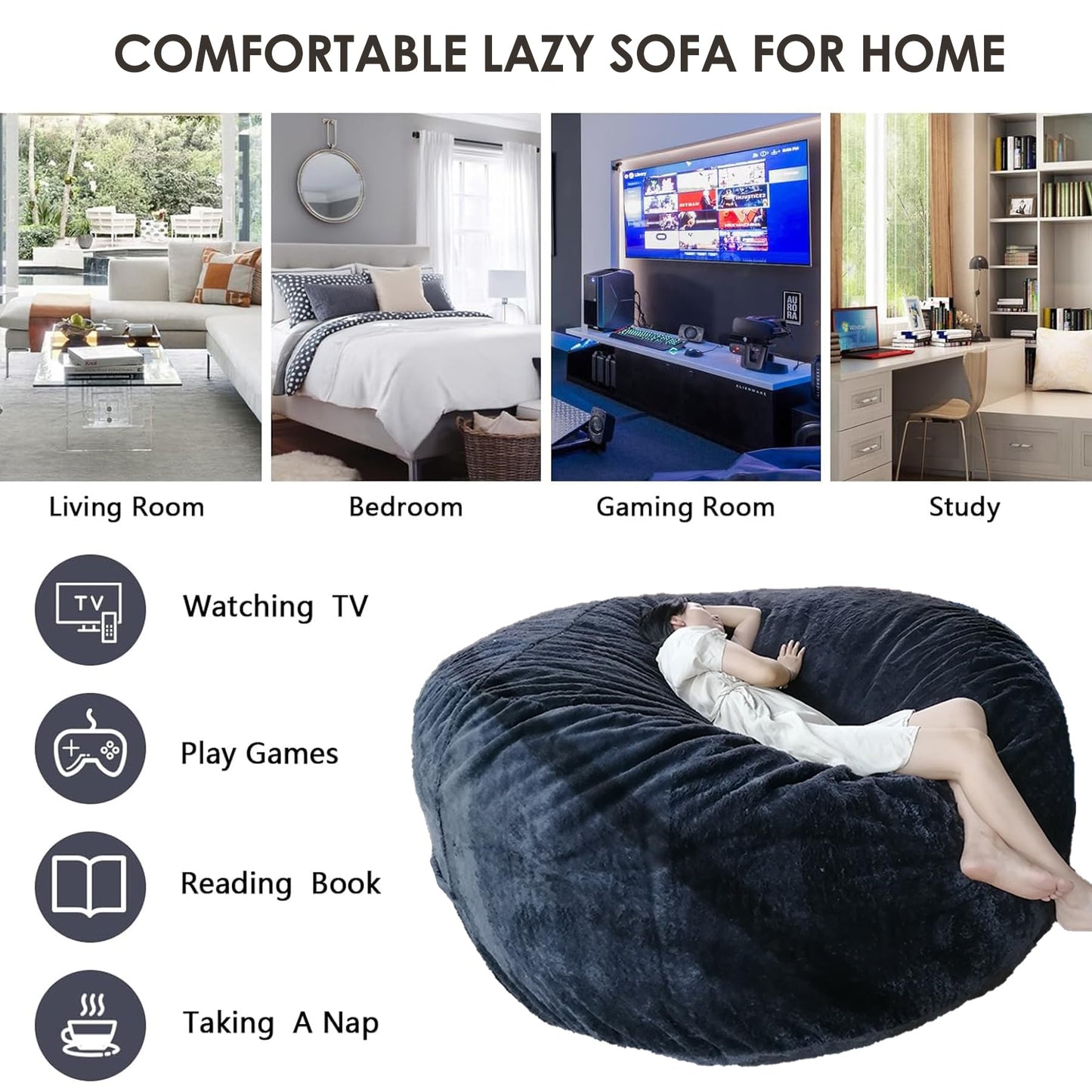 FANNIEHOME Big Beanbag Chair for Adults and Kids No Filling Comfy Cover for Lazy Sofa Bedroom Floor Chair, Dark Grey, 7FT