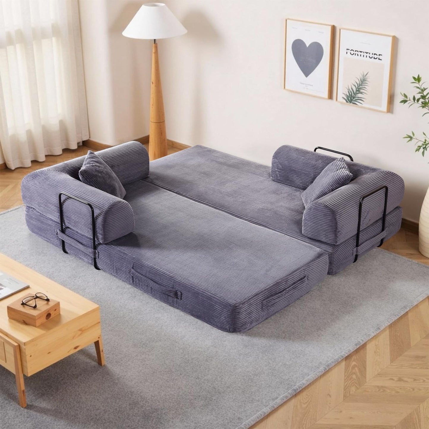 Rovibek 4-in-1 Convertible Sleeper Sofa Bed Queen Size, Foldable Floor Couch Corduroy, Folding Futon Sofa Beds with Pillow and Fixed-Shape Frame, Suitable for Living Room, Bedroom, Lounge, Slate Gray