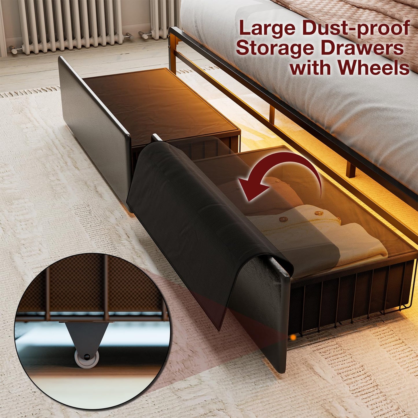 AOVSA California King Bed Frames with Ergonomic Hidden Storage headboard & Dustproof Drawers, Upholstered Cal King Platform Bed with LED Lights and Charging Station, No Box Spring Needed, Black