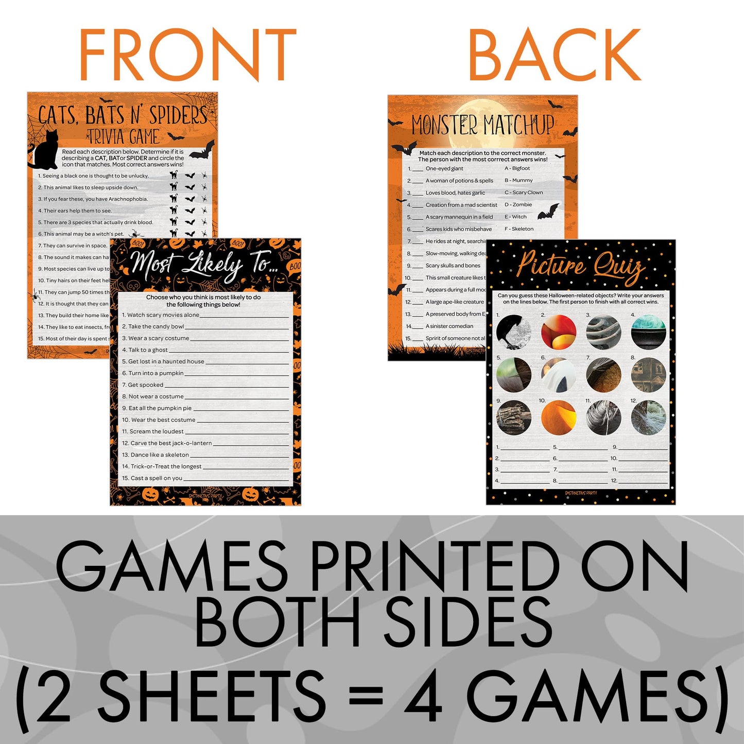 Halloween Party Games Bundle – Monster Matchup, Most Likely to, Picture Quiz, and Trivia – 4 Fun Party Games for Adults and Kids, 25 Guests