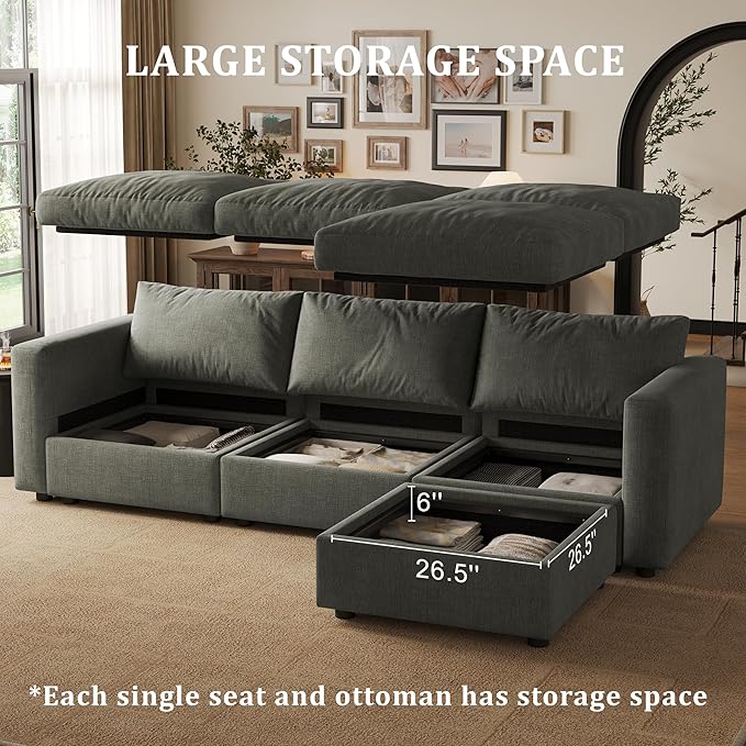 Cloud Modular Sectional Sofa Couch with Storage Ottoman, 128" Oversized Sectional Couches for Living Room, Cloud Modular L-Shaped Sofa with Chaise, 5 Seater, Chenille, Dark Gray