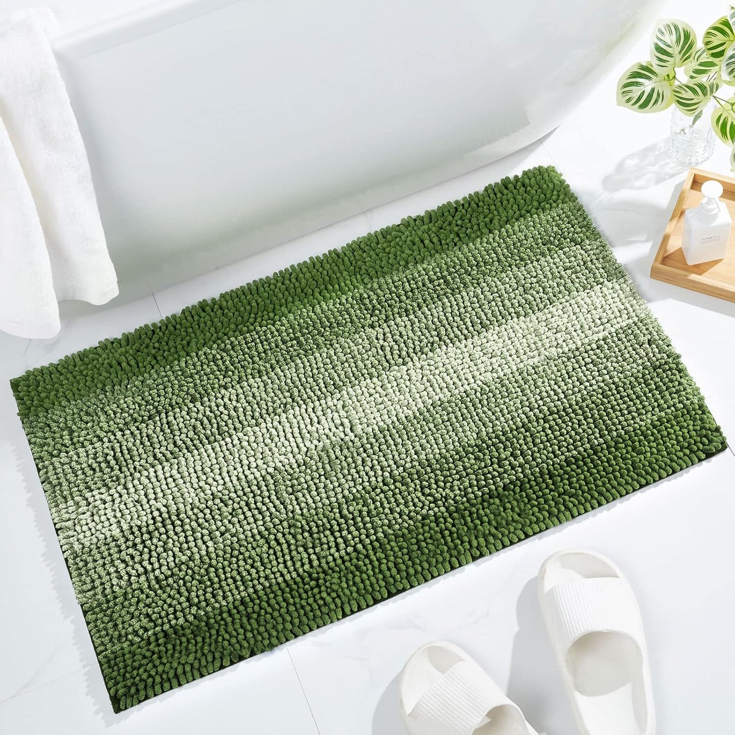Gibelle Green Bathroom Rug Set 2 Piece, Chenille Non Slip Bath Mat Set, Absorbent Shower Rug and Bath Room Floor Mats, Quick Dry Bathmat Bathroom Decor Accessories for Tub, 16" x 24"
