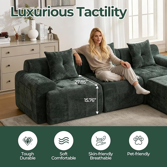 YAAREE 101.65” Modular Sectional Couch for Living Room, Modren L-Shape Cloud Sectional 3-Seater Sofa with Movable Ottoman, Woven Texture Upholstery Boneless Couch, No Assembly, Green