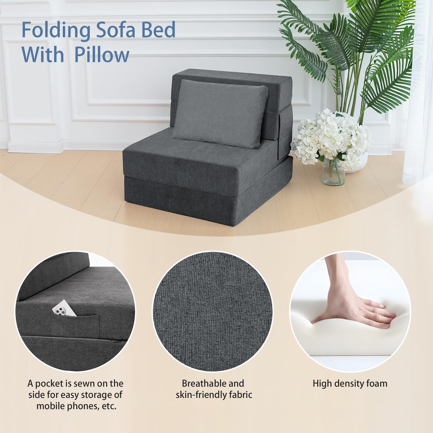 Ressainic Folding Sofa Bed Chair with Pillow,Convertible Fold Out Chair Bed Sleeper,Foam Floor Mattress, Foldable Futon Couch Bed for Living Room/Dorm/Guest/Office (Grey, Single)