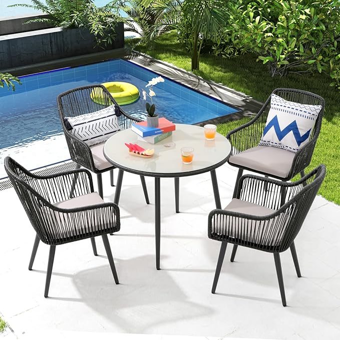 Patiorama Outdoor Dining Chairs, Patio Dining Chair Set of 2, All-Weather Woven Rope Rattan Chairs, Outdoor Dining Wicker Chairs with Armrests for Indoor Balcony Pool Backyard(Black)