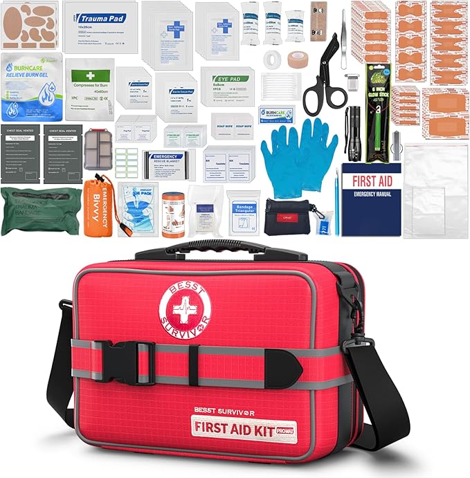 Besst Survivor 401 Piece First Aid Kit with Chest Seals -Labeled, Expandable & Mountable, Emergency Medical Kit for Home, ...