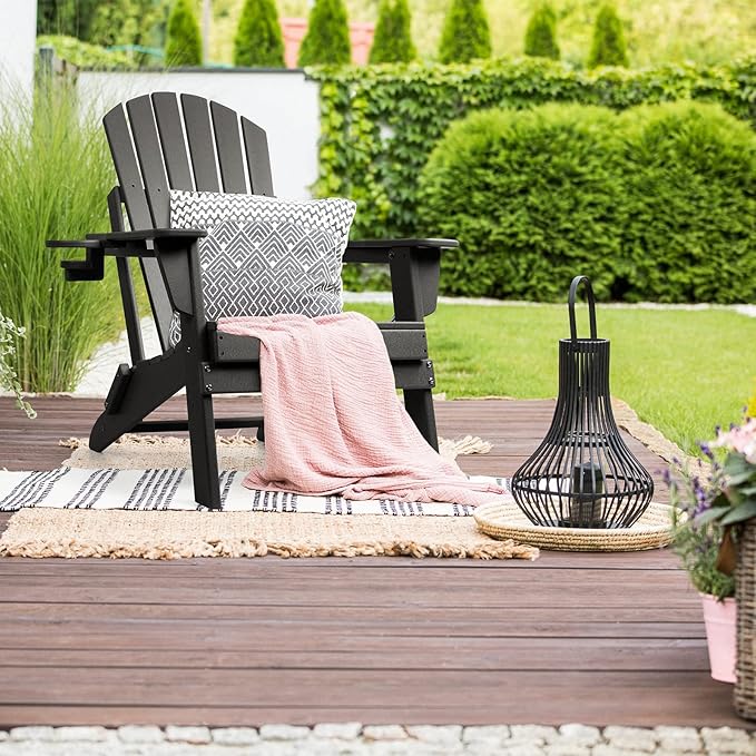 FUNBERRY Folding Adirondack Chair Set of 3, All Weather HDPE Fire Pit Chairs with Cup Holder for Outdoor