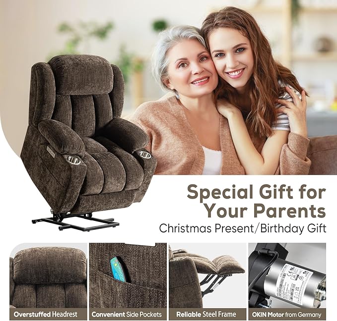 ABCASA Large Power Lift Chairs Recliners for Elderly Set of 2 with Heated and Massage, Upgraded Chenille Lift Chairs Recliners, USB-A and USB-C, Cup Holder, Side Pocket, Brown