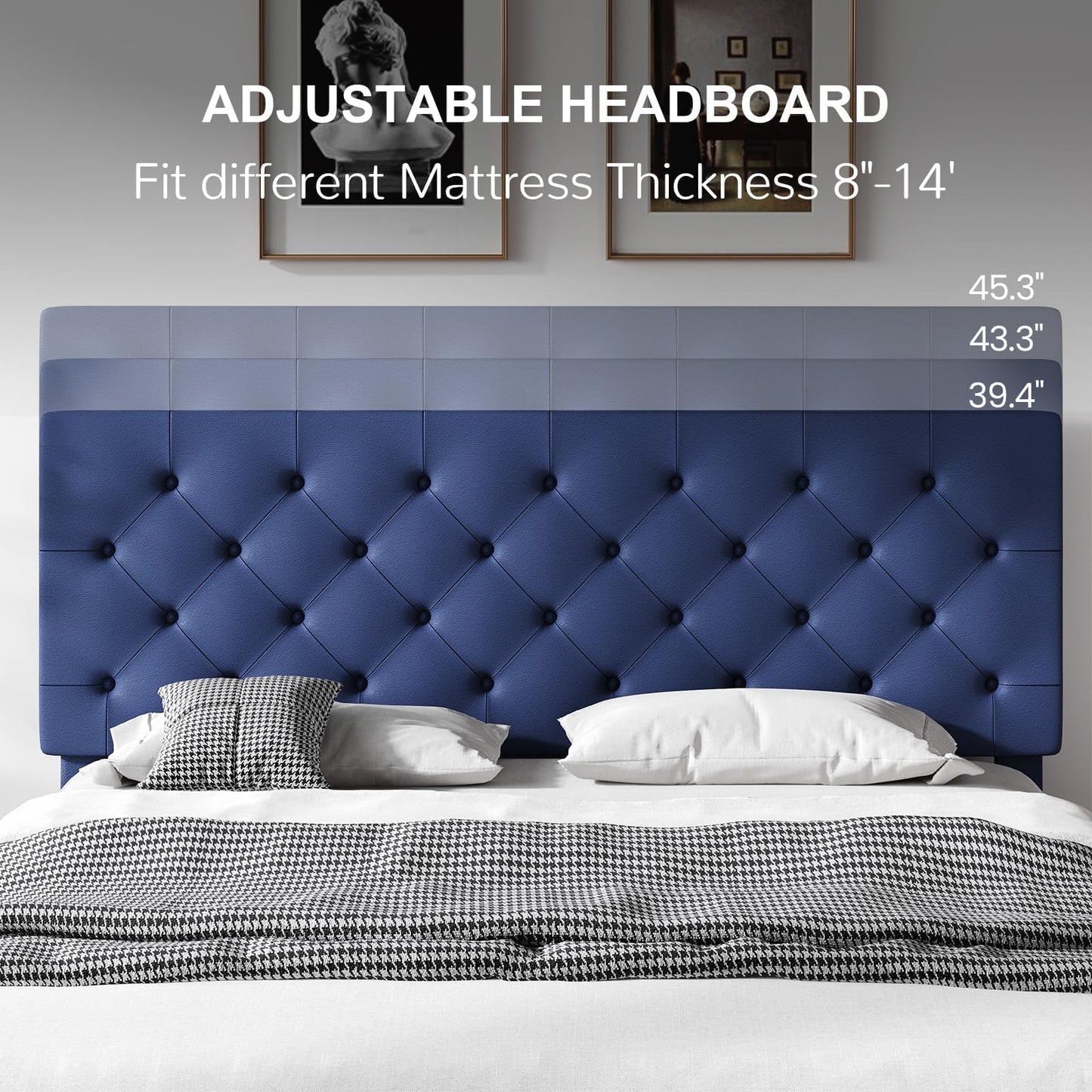 REVOMINCA Upholstered Queen Size Bed Frame with Headboard, Platform Bed with Button Tufted Desigh, No Box Spring Required, Easy Assembly, Navy Blue