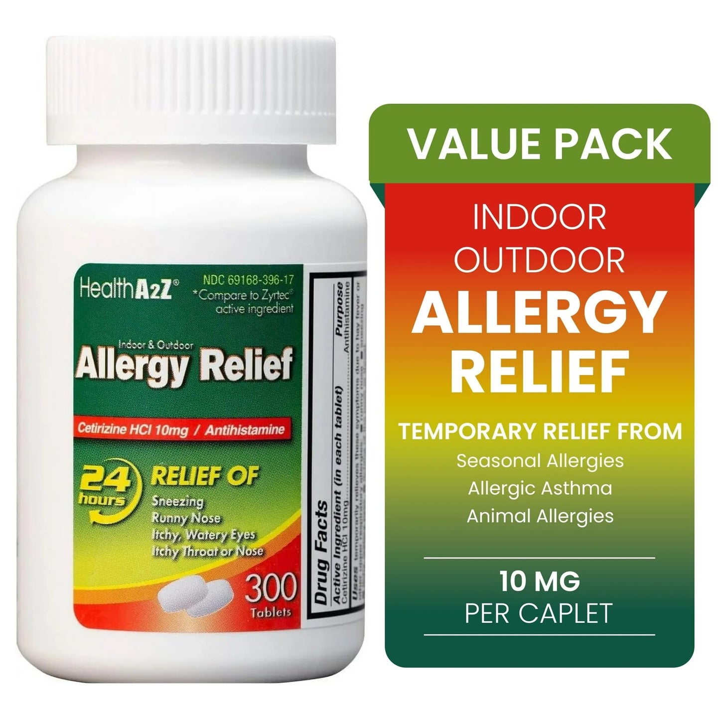 HealthA2Z® Allergy Relief | Cetirizine 10mg | All Day Allergy Relief | Indoor & Outdoor | Relief from Itchy Throat, Sneezing, Runny Noses (300 Count (Pack of 2))