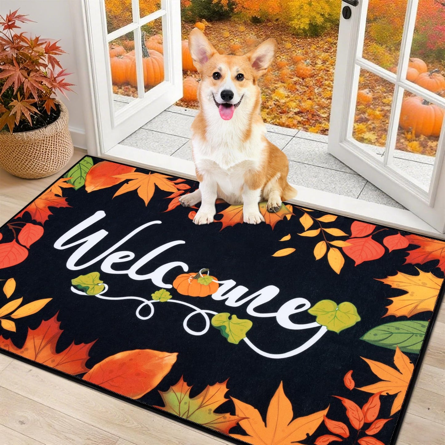 Ileading Fall Door Mat 32"x48", Hello Pumpkin Doormat, Washable Non Slip Welcome Mats for Front Door, Autumn Harvest Thanksgiving Entry Mat Indoor Outdoor Low Profile Floor Mat for Entryway