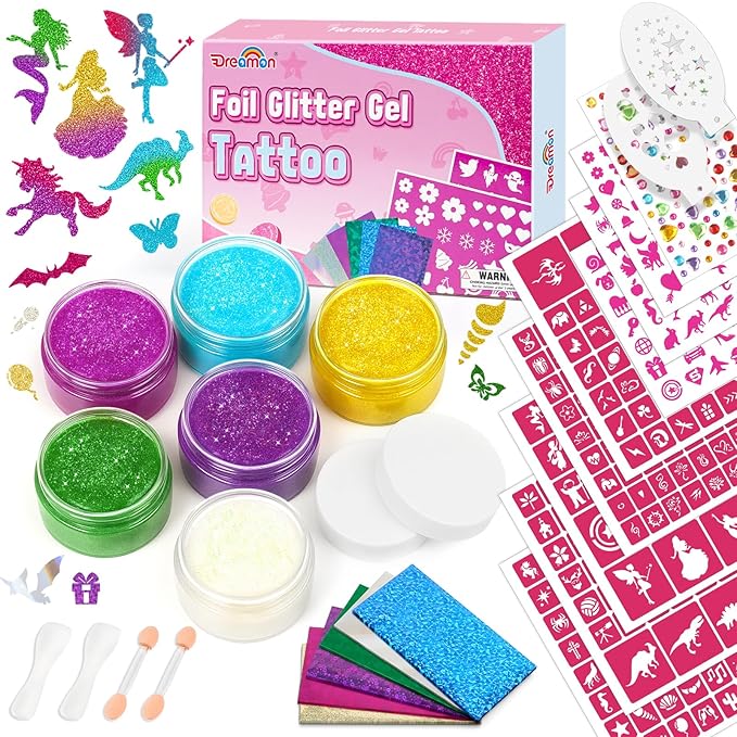 Dreamon Temporary Glitter Tattoo Kit for Kids with 6 Colors No-mess Glitter Gel, 325 Unique Stencils - Adult & Kids Body A...