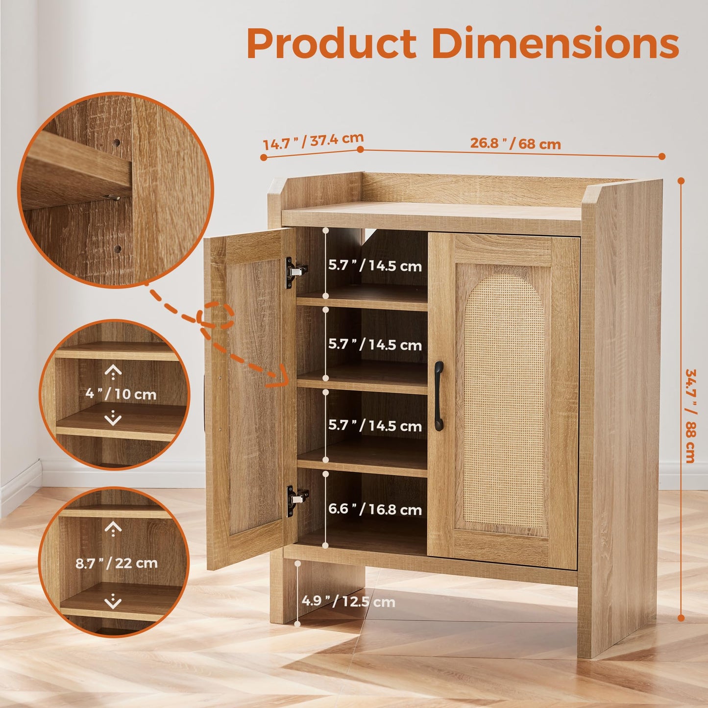 Mericonia Shoe Cabinet Storage for Entryway, Natural Rattan Shoe Storage Cabinet, Wooden Shoe Rack Cabinet, Farmhouse Boho Wood Shoe Organizer Cabinet for Hallway
