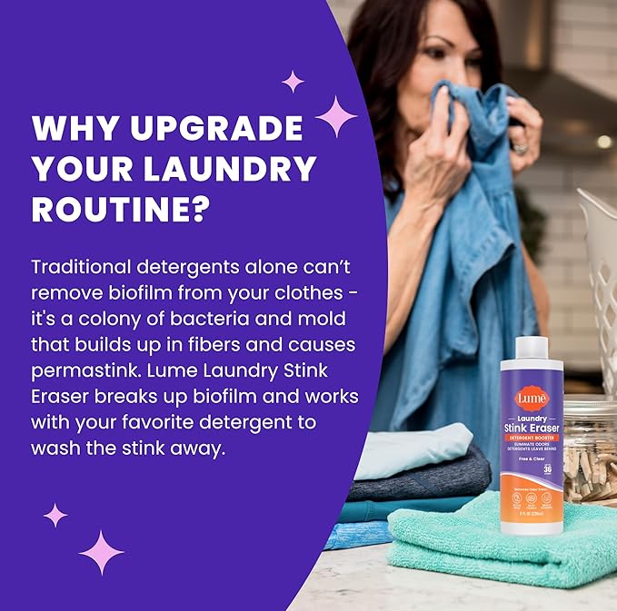 Lume Laundry Stink Eraser - Detergent Booster & Sink Soak - Eliminates Body Odor In Clothes - Odor Blasting Enzyme Blend - Makes Your Detergent Work Better - Free And Clear - 8 fluid ounces (2 Pack)
