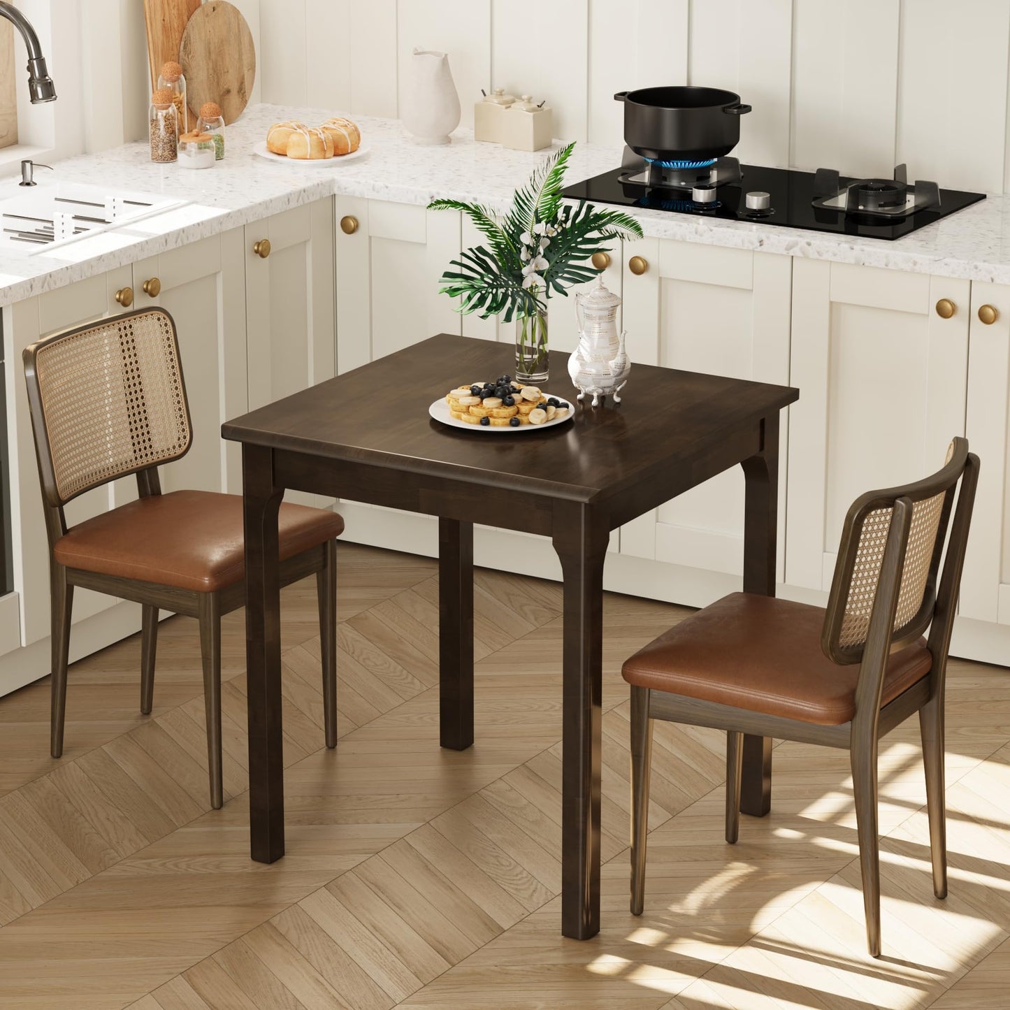 YEMNMFH 27.6” Square Dining Table - Small Kitchen Table with Solid Wood Legs, Mid Century Modern Desks for Small Spaces, Wooden Dining Room Tables for Kitchen, Living Room & Dining Room, Walnut Color