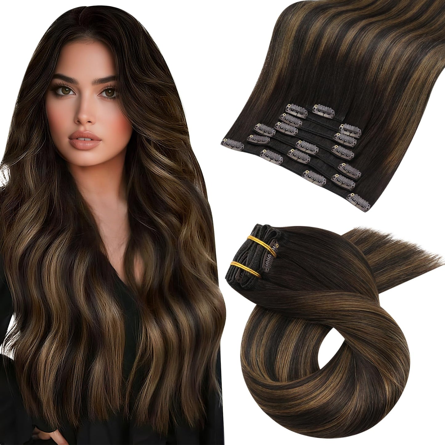 Moresoo Clip in Hair Extensions Real Human Hair Ombre Dark Brown to Chestnut Brown Double Weft Clip in Human Hair Extenisons Bal