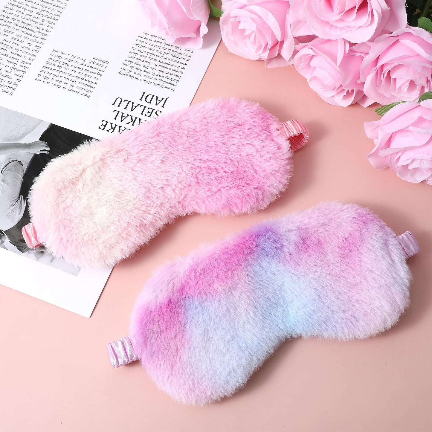 2 Pcs Plush Eye Mask Soft Sleeping Blindfold Eye Cover Comfortable Furry Faux Fur Sleeping Mask Satin Nap Night Eyeshade Cover for Women Men Gift (Purple, Red)