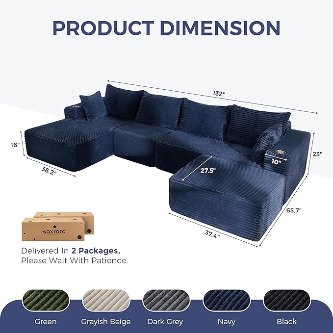 MAXYOYO 132" Giant U-Shaped Modular Sectional Couch, Modern Boneless Couch for Living Room, Sofa in A Box, Oversized Sofa Sleeper with Deep Seat, No Assembly Required, Navy