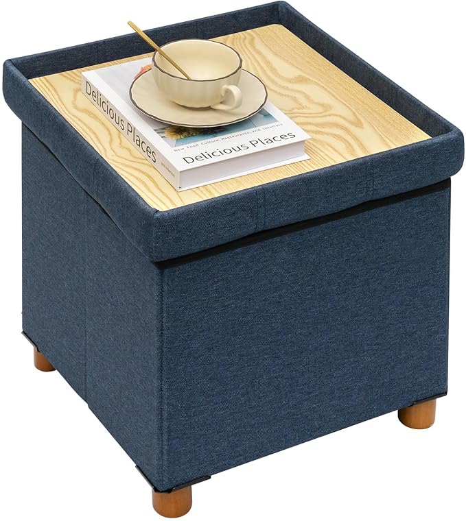 PINPLUS Storage Ottoman Cube, White Linen Footrest with Wooden Legs, Foldable Fabric Footrest, Comfortable Seat with Lid, Ottoman with Storage for Living Room, 15" x 15" x 15"，Blue