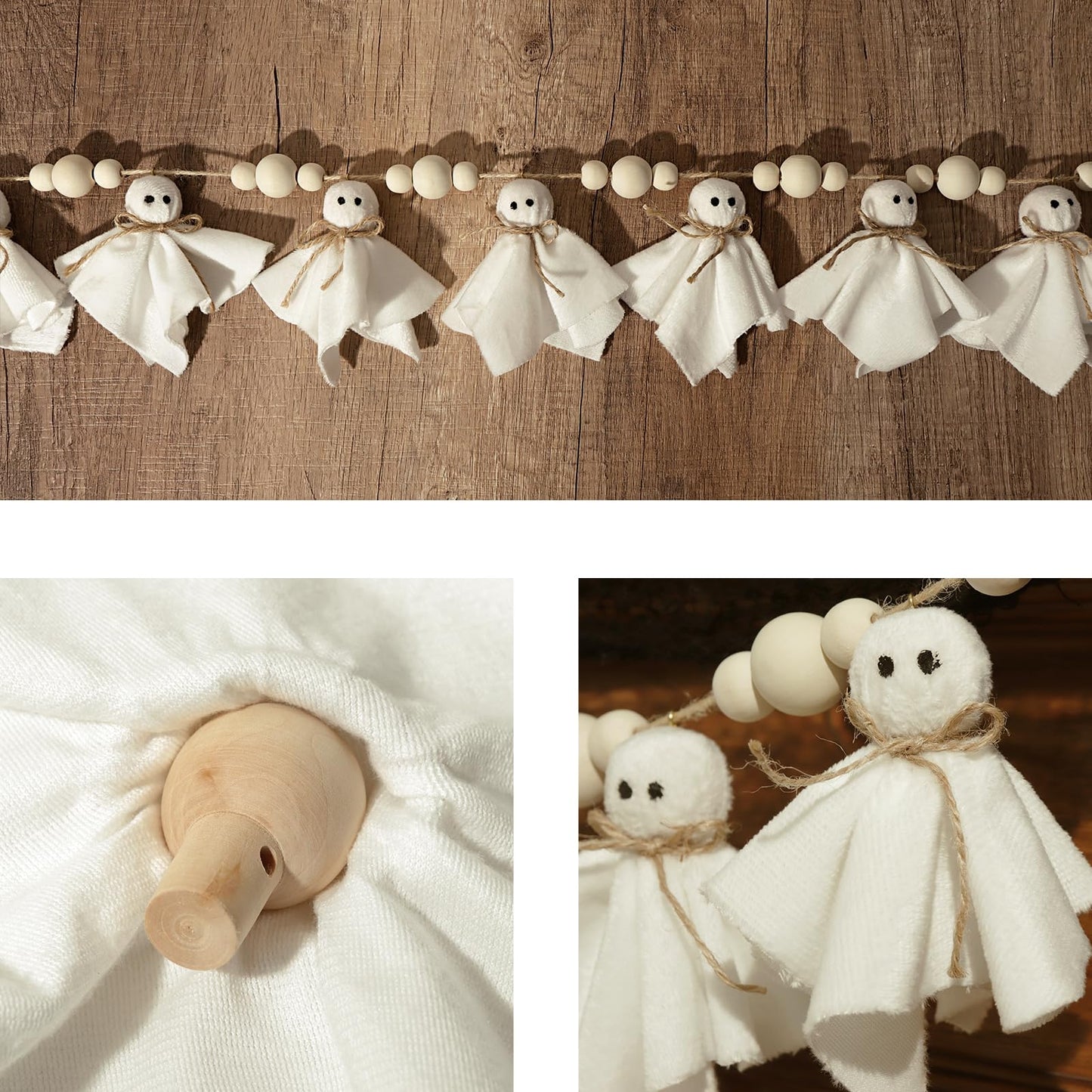 Bunny Chorus 7Ft Cute Halloween Ghost with Wooden Beads Garlands, Handmade Rustic Halloween Banner for Wall Home Indoor Outdoor Spring Decor Supplies, White