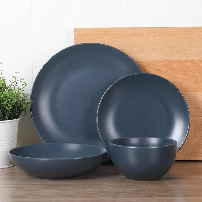 Gibson Home Queenslane 16-Piece Matte Blue Stoneware Dinnerware Set – Double Bowl Plates and Bowls, Durable Kitchen Dinner Set