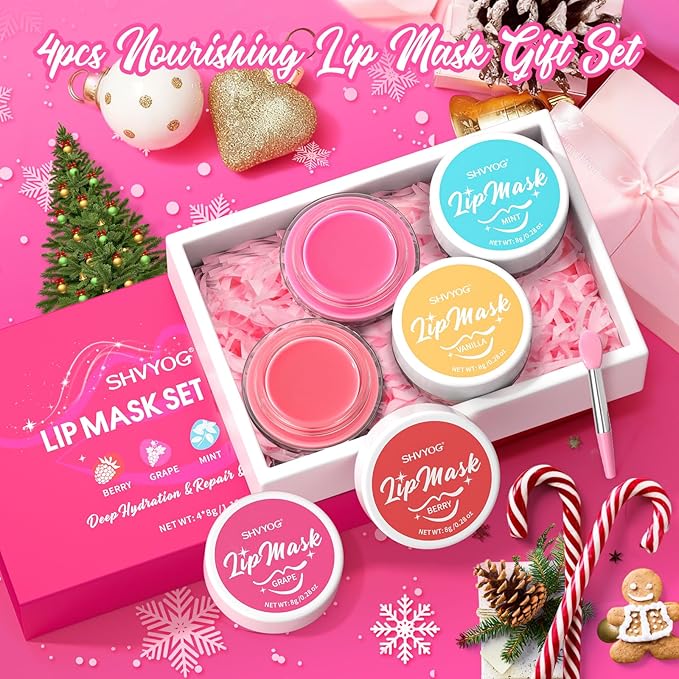 4 Pack Lip Mask Set, Lip Sleeping Mask Hydrating Repair for Chapped, Dry Lips - Berry, Grape, Mint, Vanilla Flavors, Overnight Lip Mask with Vitamin C & Shea Butter