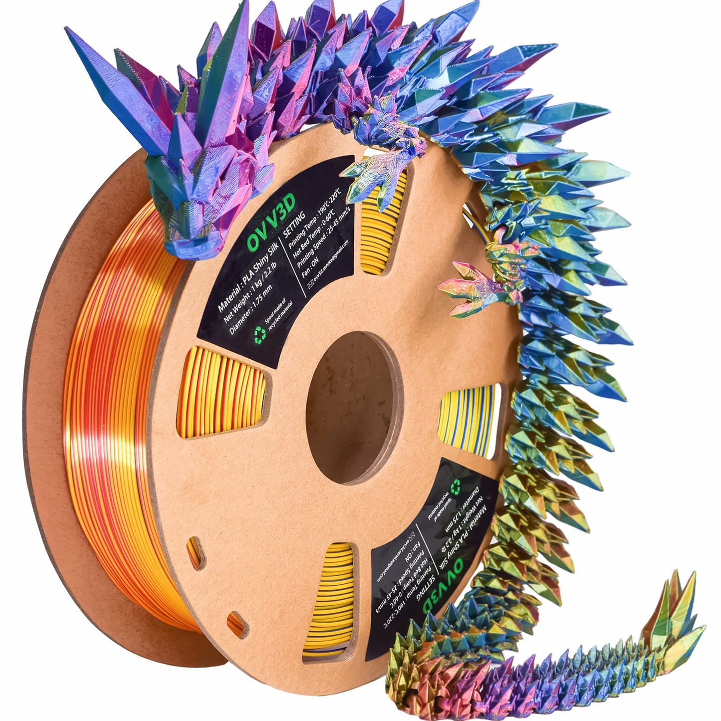 OVV3D 3D Printer Filament, PLA Filament 1.75mm, Tri-Colors Rainbow Silk PLA Filament, Rainbow PLA Filament with Silk PLA Red-Yellow-Blue, 3D Printing Filament PLA Filament 1.75mm +/-0.02mm, 1kg