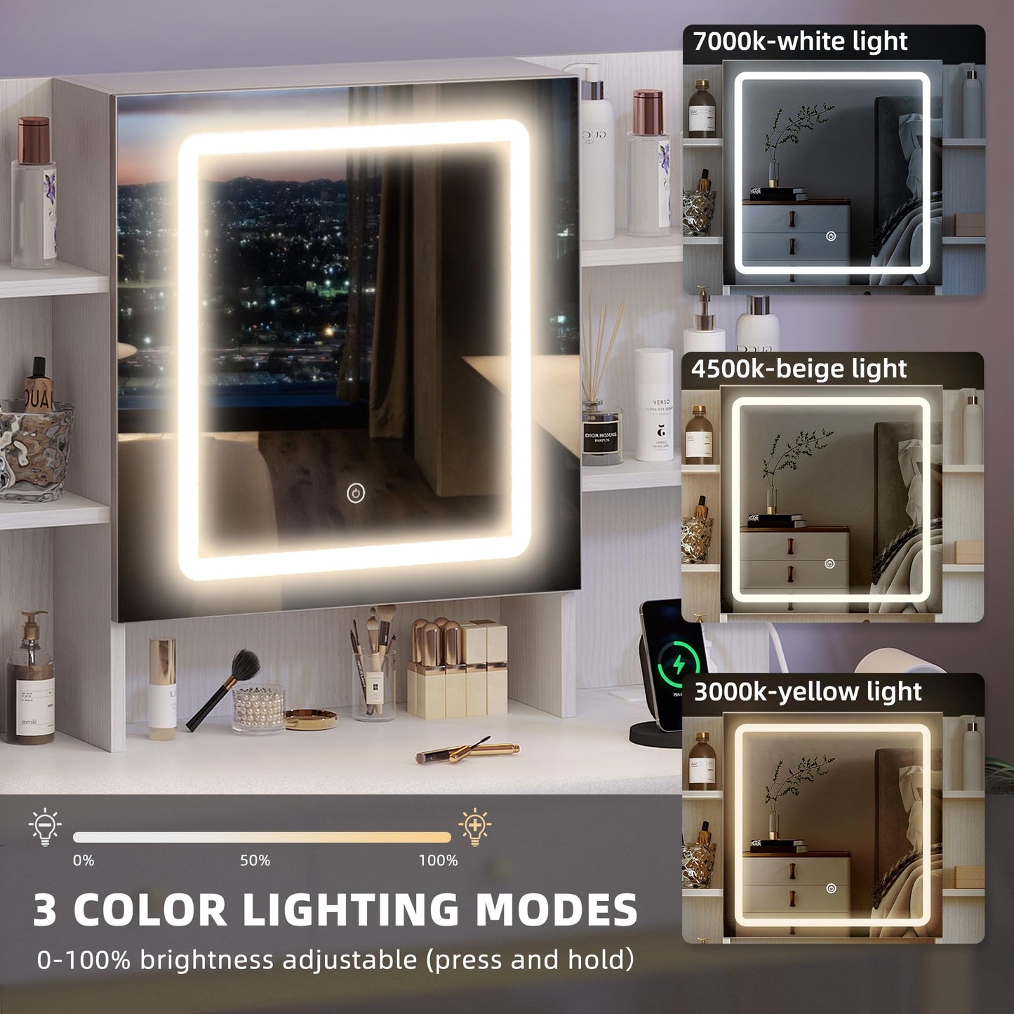 DWVO Vanity Desk with Lights, LED Mirror and Power Outlet, Adjustable 3 Color Lights Modes, Dressing Table with Chair, Makeup Table Set with Hidden Storage Shelves, 3 Drawers, Upgraded, White