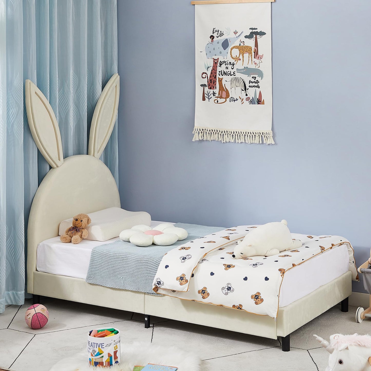 VECELO Twin Size Bed Frame, Heavy-Duty Platform with Rabbit Shaped Headboard for Girls Kids Room, Easy Assembly, Beige