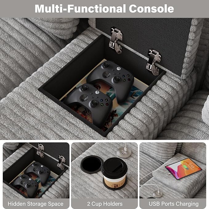 Modular Sectional Sofa with USB Cup Holders Storage, 143" U Shaped Cloud Couch Plush Corduroy Deep Seat Boneless Sofas with Double Chaise Lounge Sectional Couches Memory Foam for Living Room - Grey