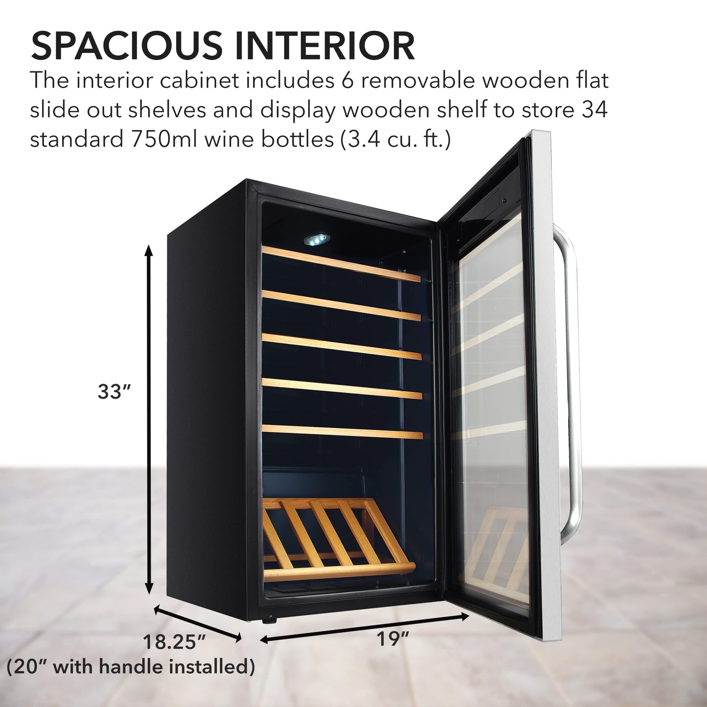 Whynter FWC-341TS 34 Bottle Freestanding Stainless Steel Wine Refrigerator with Display Shelf and Digital Control, Gray