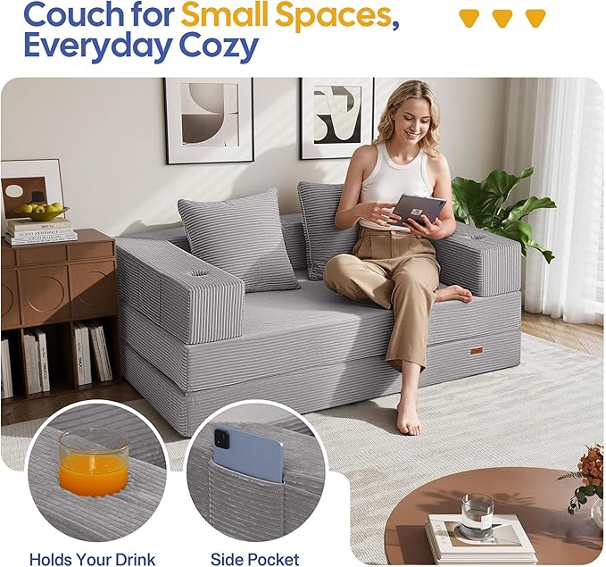 COMAX Futon Sofa Bed, 4‑in‑1 Convertible Sofa Bed, Folding Boneless Couches for Living Room, Fold Out Small Foldable Loveseat Floor Sleeper Comfy Mattress Lounge Space‑Saving, Light Grey