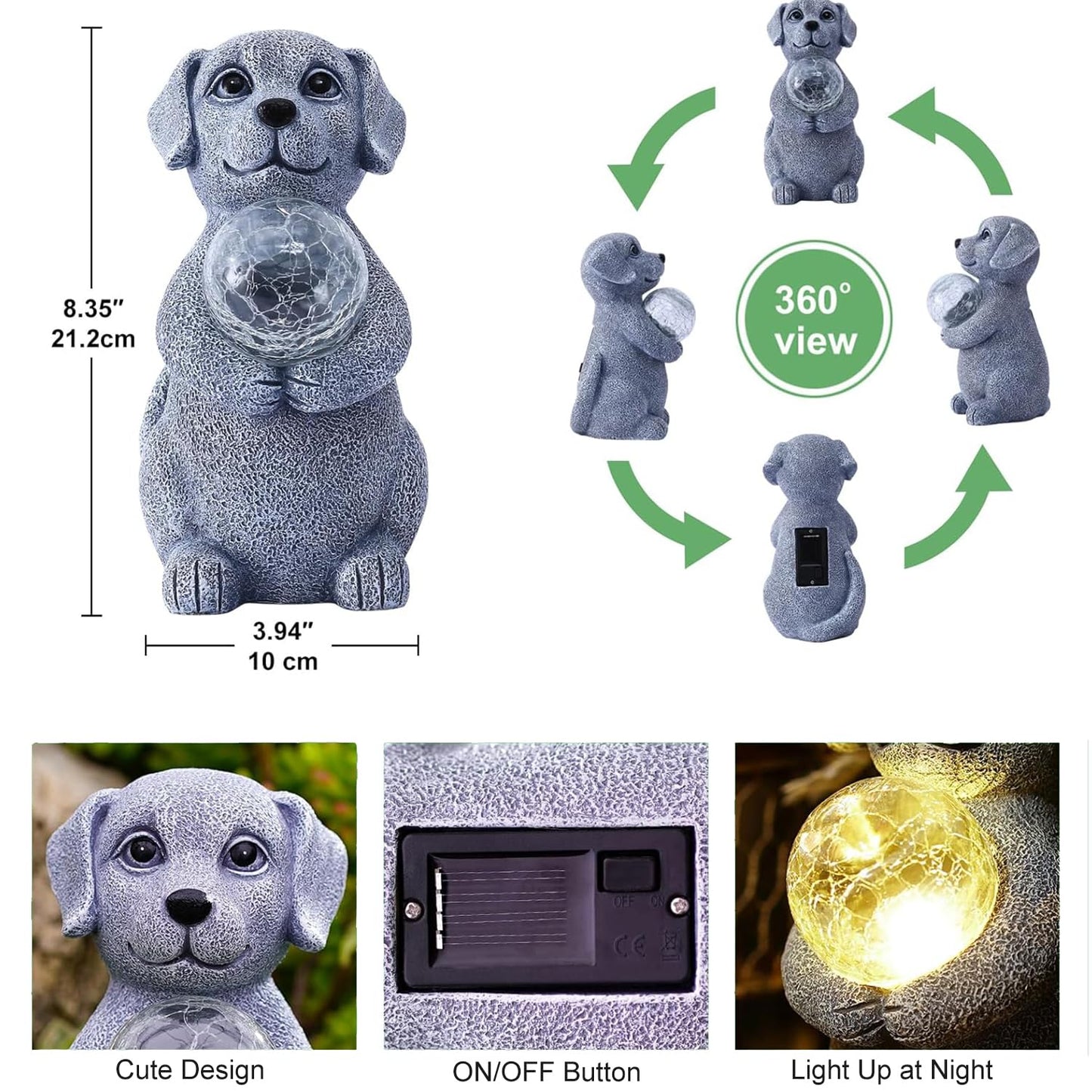 Tiejiajiang Solar Dog Garden Statues - 8.4 "Dog Decor with Gazing Ball Solar LED Lights, Unique Gifts for Mom Grandma Birthdays, Outdoor Decor for Outside Lawn Porch Patio (Gray)